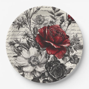 Rote Schwarze Rose Antike Manuskriptblumen Pappteller