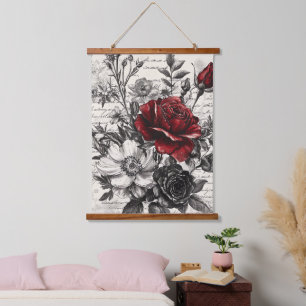 Rote Schwarze Rose Antike Manuskriptblumen Wandteppich Mit Holzrahmen