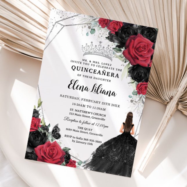 Rote schwarze Rose Blumenkleid Silver Quinceañera Einladung (Von Creator hochgeladen)
