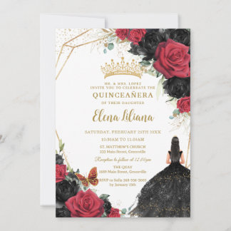 Rote schwarze Rose Blumenkleid Silver Quinceañera Einladung