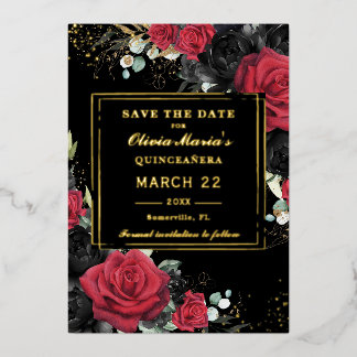 Rote Schwarze Rose Blumenquinceanera Save the Date Folieneinladung