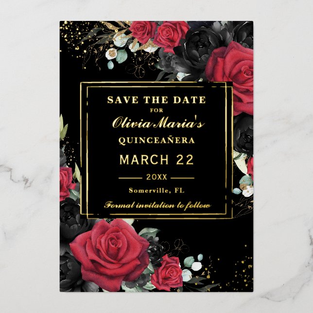 Rote Schwarze Rose Blumenquinceanera Save the Date Folieneinladung (Vorderseite)