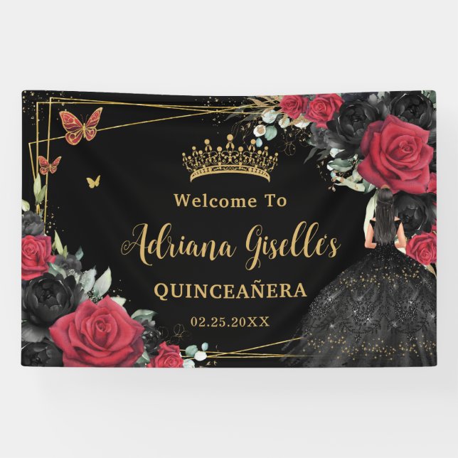 Rote schwarze Rose Blumenschmetterlinge Quinceañer Banner (Horizontal)