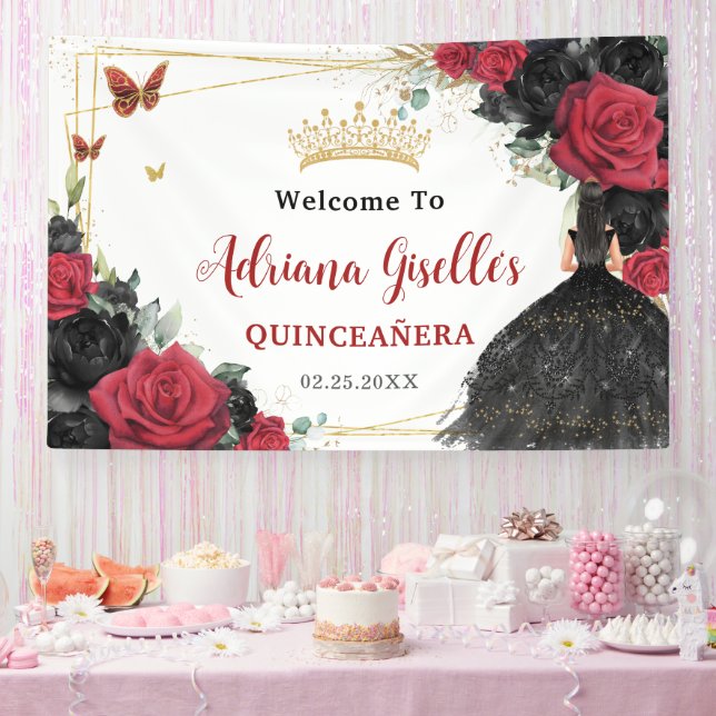 Rote schwarze Rose Blumenschmetterlinge Quinceañer Banner (Party)