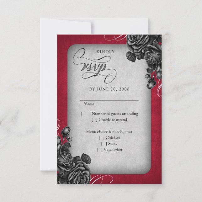 Rote Schwarze Rose Gothic Wedding RSVP Karte (Vorderseite)