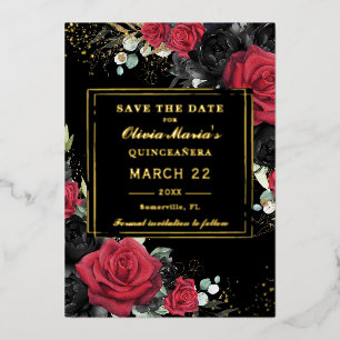 Rote schwarze Rosen Floral Quinceanera Save the Da Folieneinladung