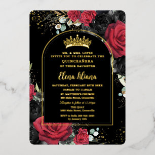 Rote schwarze Rosen Florale Quinceanera Sweet 16 A Folieneinladung