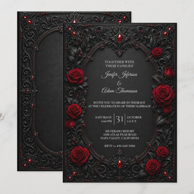 Rote schwarze Spitzen-Hochzeitseinladung Einladung (Vorne/Hinten)