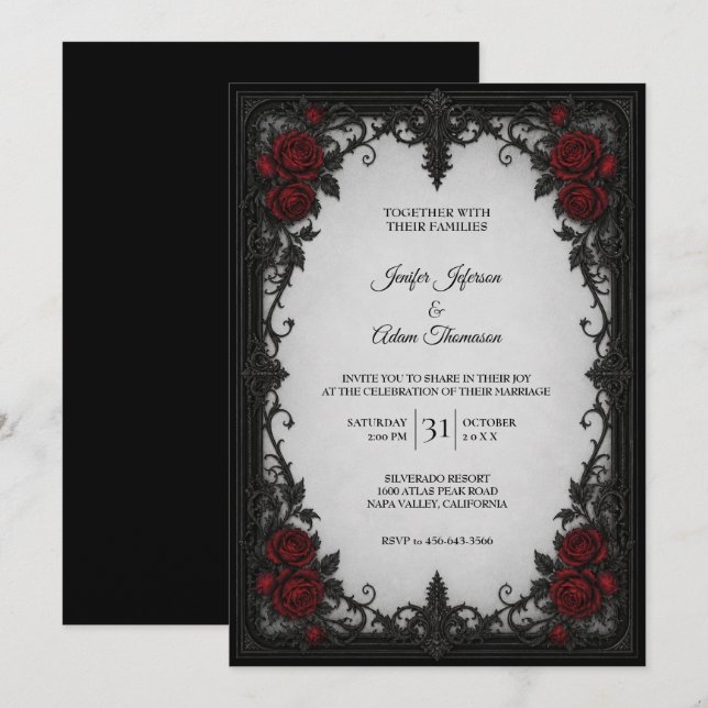 Rote schwarze Spitzen-Hochzeitseinladung Einladung (Vorne/Hinten)