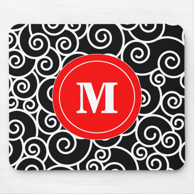 Rote schwarze Strudel-Monogramm-Mausunterlage Mousepad (Vorne)