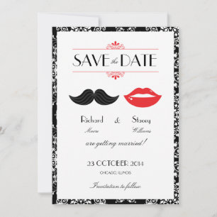 Rote, schwarze und weiße Bart- und Lippen-Hochzeit Save The Date