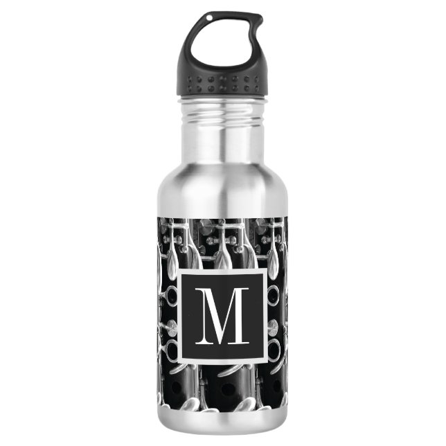 Rote, schwarze und weiße Monogramm-Klarinette Edelstahlflasche (Vorderseite)