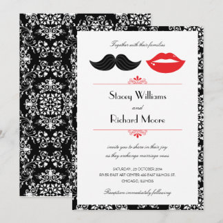 Rote, schwarze und weiße Mustache & Lips Damask Ho Einladung