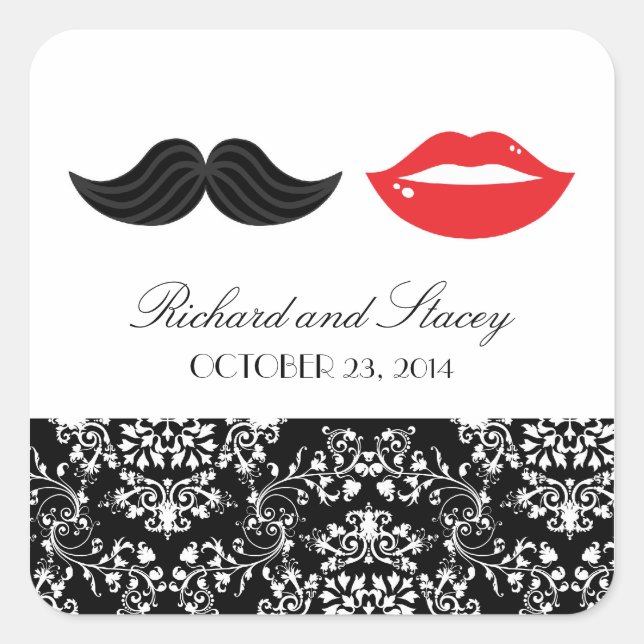 Rote, schwarze und weiße Mustache & Lips Damask Ho Quadratischer Aufkleber (Vorderseite)