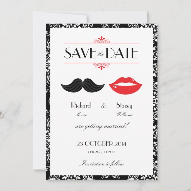 Rote, schwarze und weiße Mustache & Lips Damask Ho Save The Date (Vorderseite)