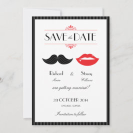 Rote, schwarze und weiße Mustache & Lips Hochzeit Save The Date