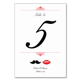 Rote, schwarze und weiße Mustache & Lips Hochzeit Tischnummer