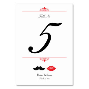 Rote, schwarze und weiße Mustache & Lips Hochzeit Tischnummer