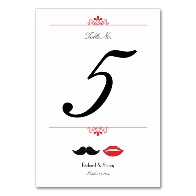 Rote, schwarze und weiße Mustache & Lips Hochzeit Tischnummer (Vorderseite)
