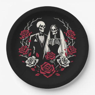 Rote & schwarze weiße Rosen Skelett Paar Hochzeit  Pappteller