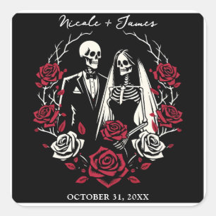 Rote & schwarze weiße Rosen Skelett Paar Hochzeit  Quadratischer Aufkleber