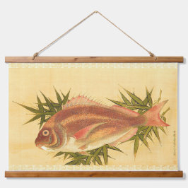 Rote See Bream (Tai) auf Bamboo-Blätter Tapestry Wandteppich Mit Holzrahmen