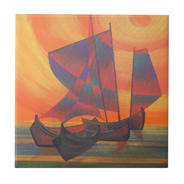 Rote Segel im sunset-kubistischen Junk-Abstrakte Fliese (Vorderseite)