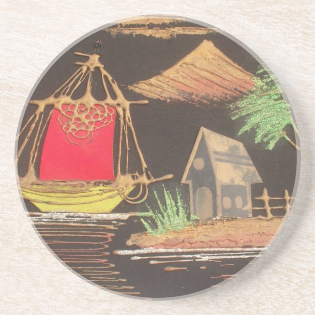 Rote Segelboote Landschaft Ölgemälde Kunst drucken Getränkeuntersetzer (Vorne)