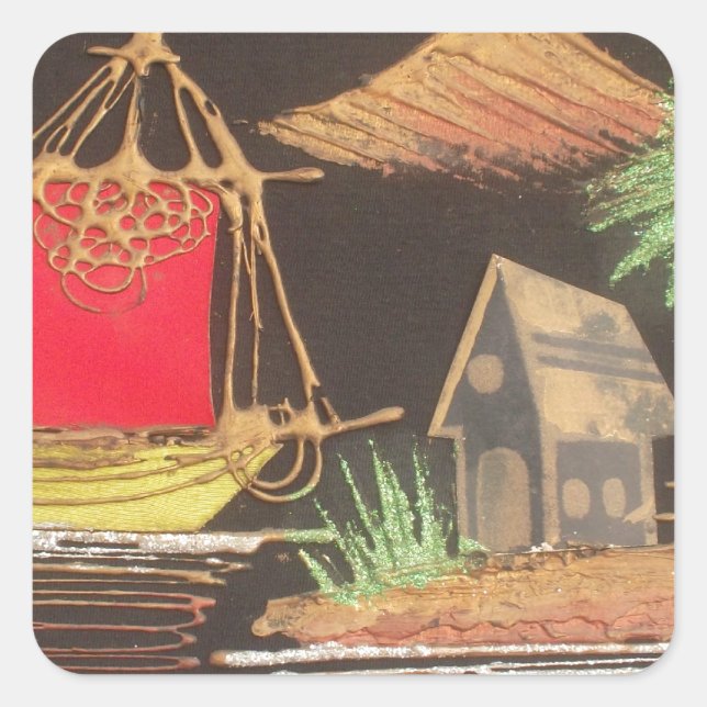 Rote Segelboote Landschaft Ölgemälde Kunst drucken Quadratischer Aufkleber (Vorderseite)