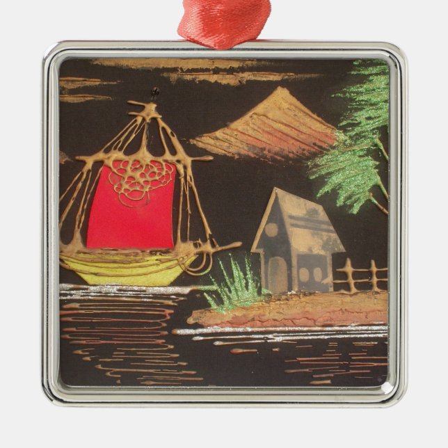 Rote Segelboote Landschaft Ölgemälde Kunst drucken Silbernes Ornament (Vorne)