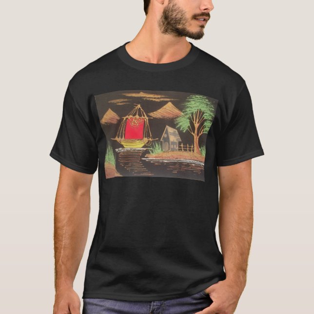 Rote Segelboote Landschaft Ölgemälde Kunst drucken T-Shirt (Vorderseite)