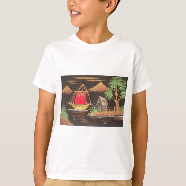 Rote Segelboote Landschaft Ölgemälde Kunst drucken T-Shirt (Vorderseite)