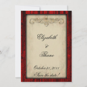 Rote Seide und Pergament-Gotik-Hochzeitseinladung Save The Date