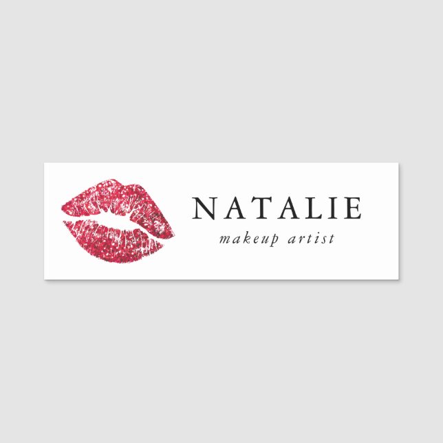 Rote Sequins Glitzer Lips Makeup Artist Namensschild (Vorderseite)