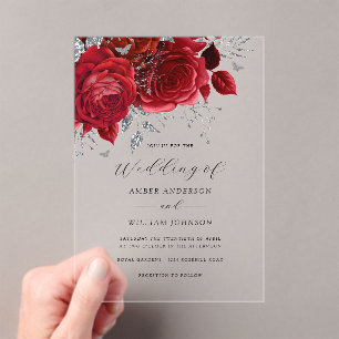 Rote Silber Blumenrose Hochzeit Acryleinladungen