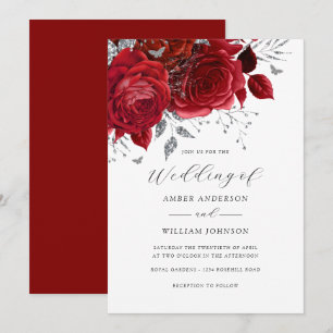 Rote Silber Blumenrose Hochzeit Einladung