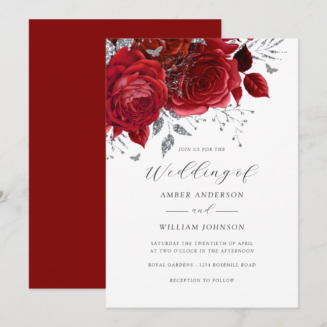 Rote Silber Blumenrose Hochzeit   Einladung (Vorne/Hinten)
