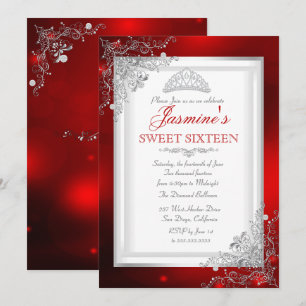 Rote Silber-Damask-Tiara Sweet 16 Geburtstag Einladung