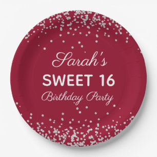 Rote Silber Glitter Sweet 16 Geburtstagsfeier Pappteller