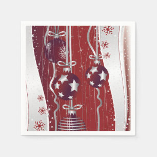 Rote, silbergraue Weihnachtsbälle und Schneeflocke Serviette