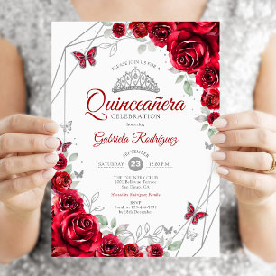 Rote silberne florale Quinceanera Einladung