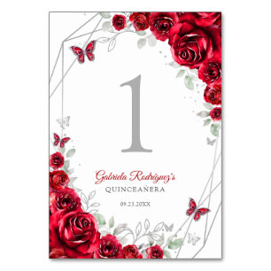 Rote silberne florale Quinceanera Tischnummer