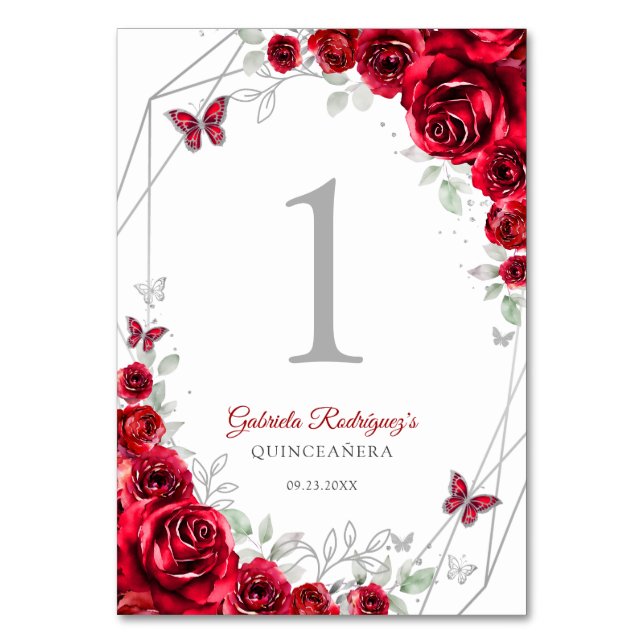 Rote silberne florale Quinceanera Tischnummer (Vorderseite)