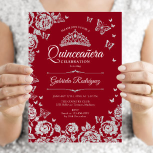Rote Silberrosen Schmetterlinge Quinceanera Einladung