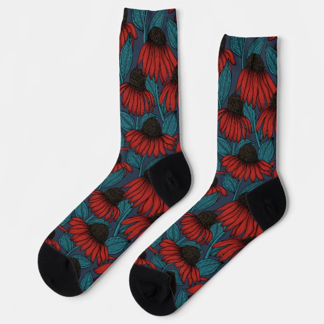 Rote Sitzmöbel auf dunkelblauen Socken (Linkes Detail)