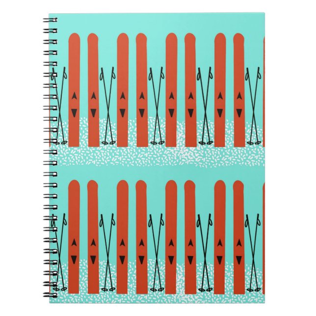 Rote Skier auf blauem Notebook Notizblock (Vorderseite)