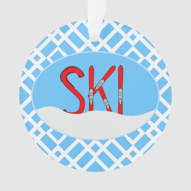 Rote Skier und Schnee in einem Oval Ornament (Vorderseite)