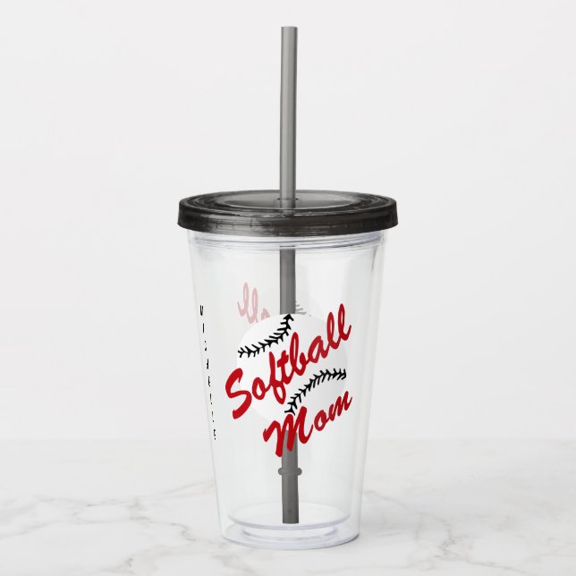 Rote Softball-Mama personalisiert Acryltrinkbecher (Vorderseite)