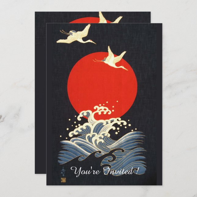 ROTE SONNE, JAPANISCHE FLIEGENDE KRÄNE, MEERWELLEN EINLADUNG (Vorne/Hinten)