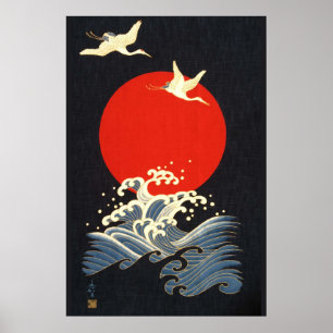 ROTE SONNE, JAPANISCHE FLIEGENDE KRÄNE, MEERWELLEN POSTER